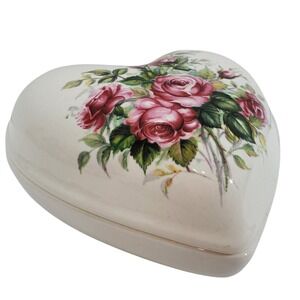VB Athena Heart Trinket Box  Cream  Pink Rose‎ Floral Ceramic USA